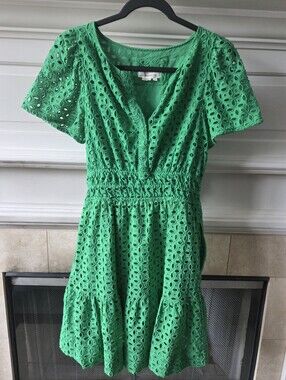Anthropologie Green Eyelet Embroidered Mini Dress XS Smocked Pockets
